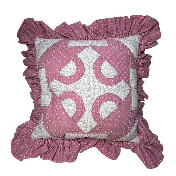 Handmade Other - Quilted Pink Heart Floral Ruffle Throw Pillow Cottagecore 90's Farmhouse VTG